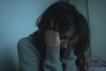 A dark, somber portrait of a young woman with long, loose hair, hands covering her face, in an expression of distress, rendered in soft, blue-gray tones