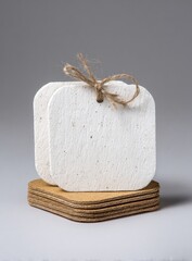 A stack of brown, square coasters with rounded corners is topped by white, textured tags tied with twine, all against a light gray background