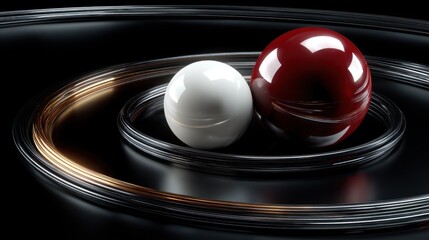 Two glossy spheres, one white, one red, resting inside spiraling metallic rings on a dark, reflective surface, abstract, modern