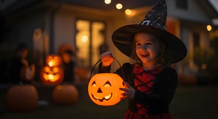 A young girl in a witch costume holds a carved pumpkin lantern during Halloween trick-or-treating.