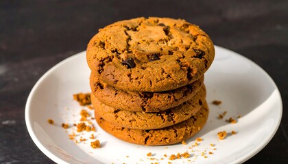 Stacked Chocolate Chip Cookies on Plate