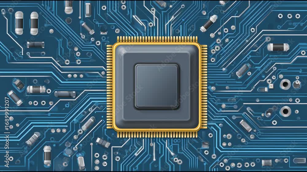 Poster exploring the intricate design of a modern microprocessor on a circuit board