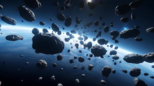 Asteroids Field Orbiting Earth in Deep Space with Bright Star Burst Light and Blue Atmosphere