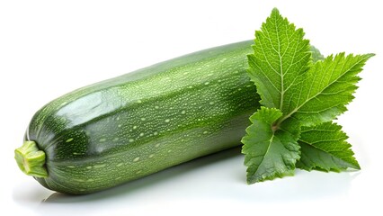 Fresh green zucchini vegetable with two vibrant leaves isolated on white