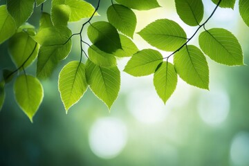 Close-up of fresh green leaves on delicate branches with soft sunlight filtering through a blurred natural background