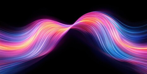 Vibrant intertwined waves of light flowing in dynamic curves with glowing orange, pink, purple, and blue shades on a black background, evoking energy and motion