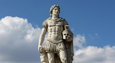 Naklejka premium Marble Statue of Alexander the Great an Ancient Warrior, Symbolizing Classical Heroism, Strength, and Military Leadership in Antiquity