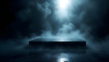 Minimalist  Product Display Platform in Dark with Dramatic Smoke and Light