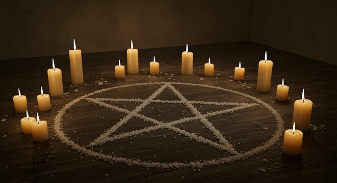 Candles illuminate a pentagram drawn in salt on a dark wooden floor, suggesting a ritualistic setting.