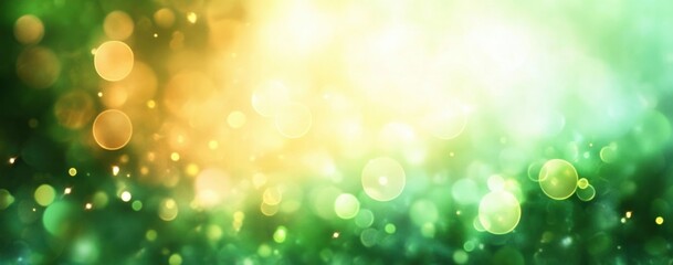 Soft glowing bokeh lights in green and yellow hues creating a dreamy and peaceful abstract background