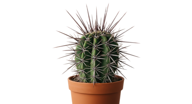Closeup of a small potted cactus with numerous spines.