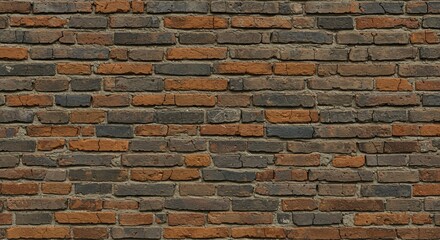 Obraz premium Close-up of an old, weathered brick wall featuring a textured surface with a mix of reddish-brown and dark grey bricks, showcasing a rustic and durable construction material.