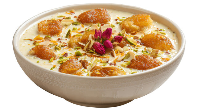Shahi Tukda Recipe Royal Indian Dessert with Bread and Cream isolated on a white background
