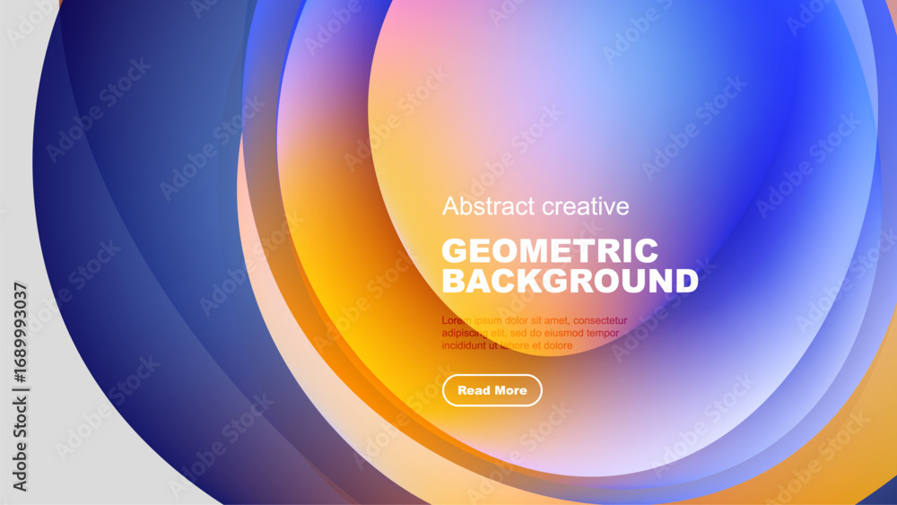 Poster Vibrant overlapping circles create abstract geometric background. Text block, button present. Modern design, colorful gradients visible.