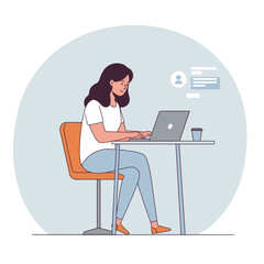 A woman working on a laptop at a desk, engaged in a digital conversation.