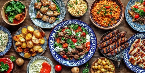 Fototapeta premium Overhead view of a colorful spread of grilled meats, roasted potatoes, rice, salads, and fresh herbs on blue and white patterned plates on a wooden table, evoking a vibrant and appetizing atmosphere