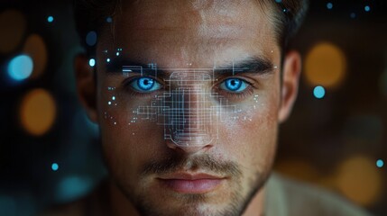 Close-up portrait of a young man with piercing blue eyes and digital facial recognition overlay against a dark blurred background conveying focus and futuristic technology