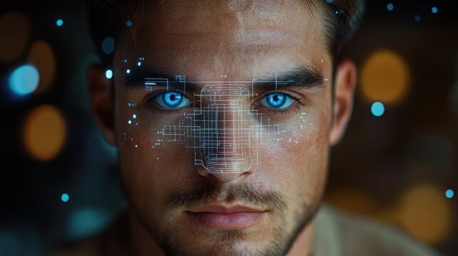 Close-up portrait of a young man with piercing blue eyes and digital facial recognition overlay against a dark blurred background conveying focus and futuristic technology