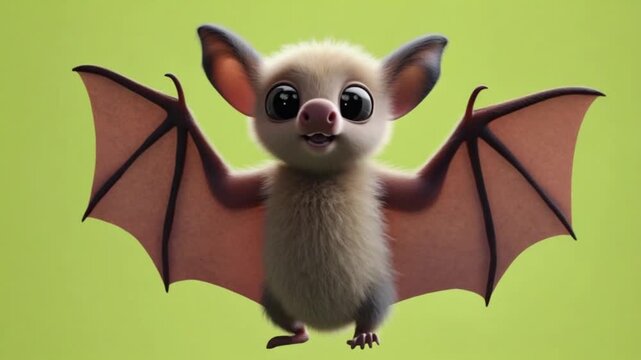 Illustration of a small cartoon bat with big eyes and wings spread on a green background green screen video