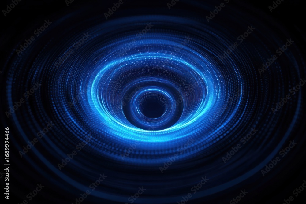 Poster abstract glowing blue vortex with concentric circular digital patterns creating a sense of depth and