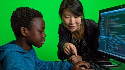 Young boy and female teacher learning computer programming together, coding desktop computer modern classroom, educational technology, child student teamwork, focused engaged atmosphere - Powered by Adobe