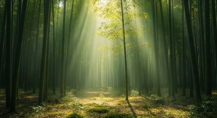 Obraz premium Enchanting Bamboo Forest: Sunlight Filtering Through Tall Stalks Creating a Mystical and Serene Natural Landscape