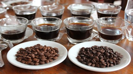 Fototapeta premium Coffee Tasting Setup with Multiple Cups of Black Coffee and Two Plates of Coffee Beans
