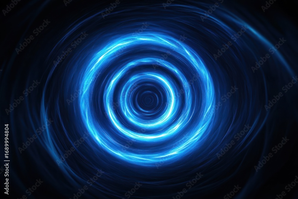 Poster bright blue glowing concentric swirling rings creating a tunnel effect on a dark background conveyin