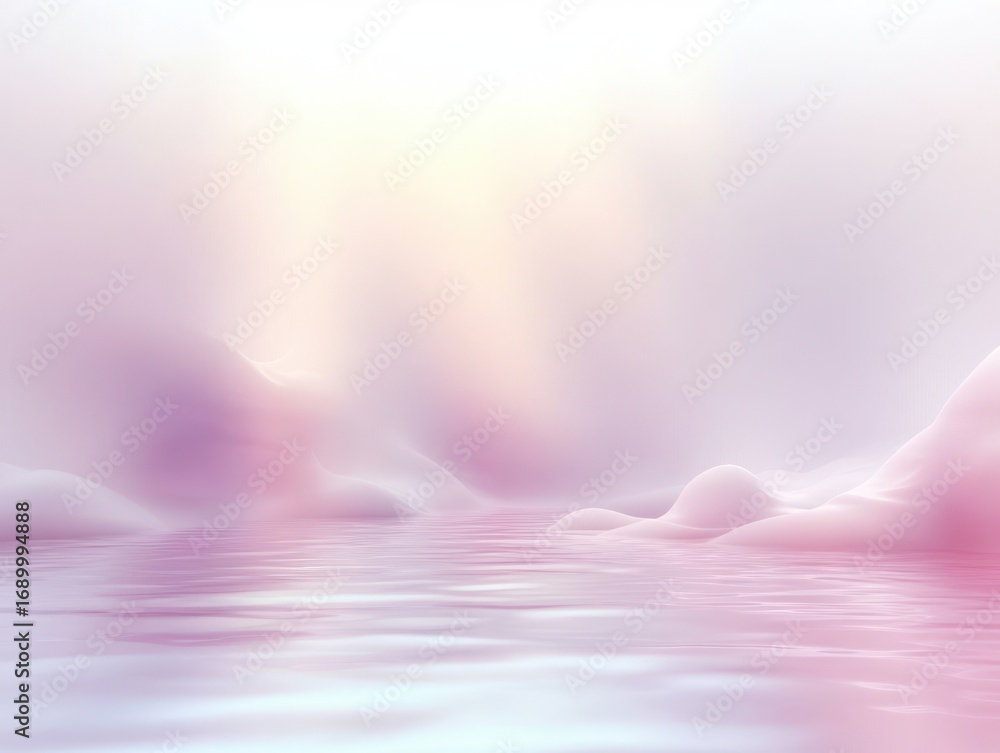 Poster soft pastel colored landscape with smooth hills and reflective water under a hazy sky creating a cal