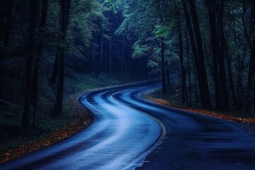 Fototapeta premium Wet winding road through dense forest at dusk with lush green trees and a serene, moody atmosphere