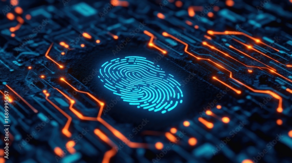 Poster glowing blue fingerprint embedded within a dark circuit board illuminated by bright orange electroni