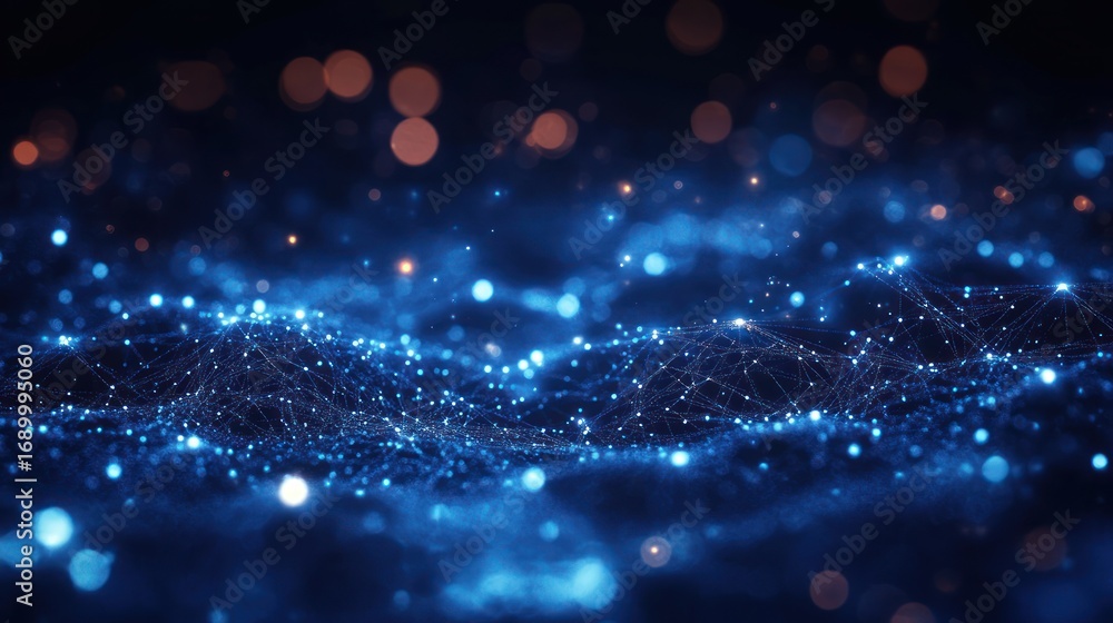 Aufkleber abstract digital network with glowing blue nodes and interconnected lines forming a wave-like patter