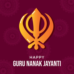 Guru Nanak Jayanti banner. Symbol of Sikh on dark background, text Happy Guru Nanak Jayanti. Vector illustration 