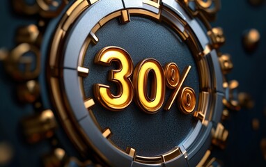 Close-up of a futuristic metallic dial displaying the number 30% in bold gold with intricate mechanical elements and a dark textured background