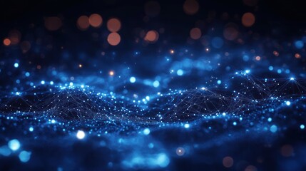 Obraz premium Abstract digital network with glowing blue nodes and interconnected lines forming a wave-like pattern on a dark background with scattered light particles