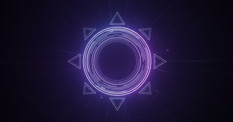 Abstract Geometric Glowing Symbol with Circular Rings and Triangles on Dark Backdrop Creates Futuristic Design.