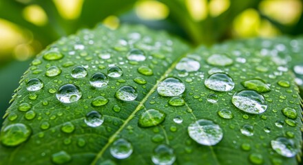 Captivating Close-Up of Green Leaf Adorned with Sparkling Water Droplets: A Display of Natural Beauty, Refreshing Texture, and Lush Botanical Detail.