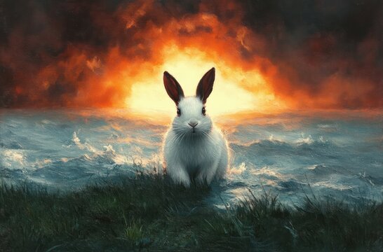 White rabbit standing on grassy shore with turbulent ocean waves and fiery sunset sky in background, evoking a sense of calm focus amid dramatic nature - Powered by Adobe