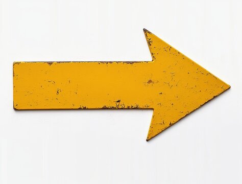 worn yellow metal arrow pointing right on a white textured background