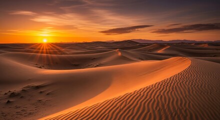 Majestic Desert Landscape at Sunset: Golden Hour Illuminating Rolling Sand Dunes in Arid Environment With Mountains