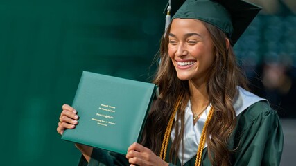 Smiling young woman green graduation cap and gown holding diploma, celebrating academic achievement and education success outdoors, student enjoying joyful achievement and academic honor cords during