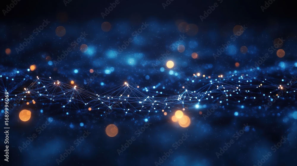 Poster abstract network of glowing interconnected nodes and lines with soft blue and orange light particles
