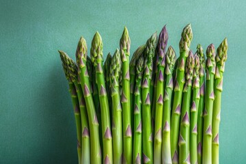 Fresh green asparagus spears standing upright against a textured green background, showcasing their pointed tips and vibrant color