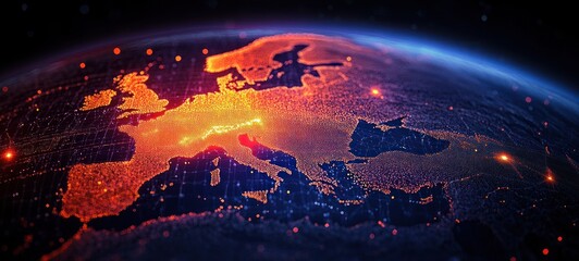 A high-tech digital globe visualization highlighting Europe and surrounding regions with glowing orange data points and network connections on a dark blue background