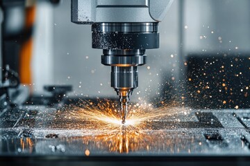 Close-up of a CNC milling machine cutting metal with sparks flying intensely, showcasing industrial precision and dynamic energy