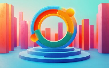 Colorful circular segmented ring sculpture on tiered round pedestal surrounded by tall rectangular pillars in vibrant light
