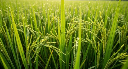 Lush green rice paddy field illuminated by the morning sun, showcasing the beauty of agriculture and nature's bounty