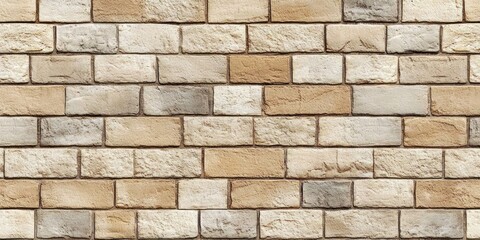 Obraz premium close up view of a textured brick wall with alternating beige, tan, and light gray rectangular bricks arranged in horizontal rows