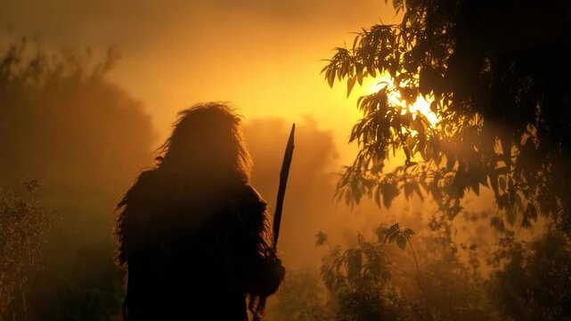 Primitive Hunter Silhouette at Sunrise, Early Human Survival Concept