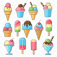 Flat Vector Ice Cream Illustration Colorful Summer Dessert Icons Isolated on White